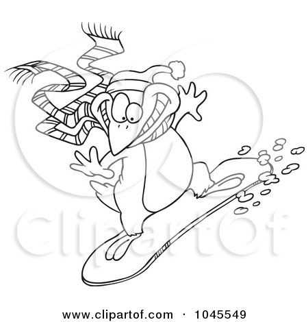 Royalty-Free (RF) Clip Art Illustration of a Cartoon Black And White Outline Design Of A Snowboarding Penguin by toonaday