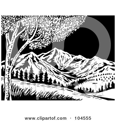 Royalty-Free (RF) Clipart Illustration of a Black And White Woodcut Style Scene Of Mountains by patrimonio