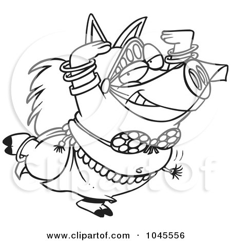 Royalty-Free (RF) Clip Art Illustration of a Cartoon Black And White Outline Design Of A Belly Dancing Pig by toonaday
