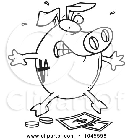 Royalty-Free (RF) Clip Art Illustration of a Cartoon Black And White Outline Design Of A Piggy Bank Over Money by toonaday