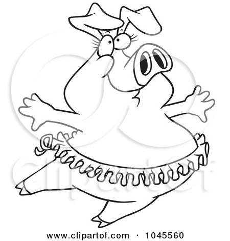 Royalty-Free (RF) Clip Art Illustration of a Cartoon Black And White Outline Design Of A Ballet Pig by toonaday