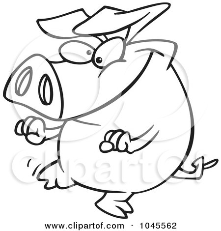 Royalty-Free (RF) Clip Art Illustration of a Cartoon Black And White Outline Design Of A Pig Doing A Happy Dance by toonaday