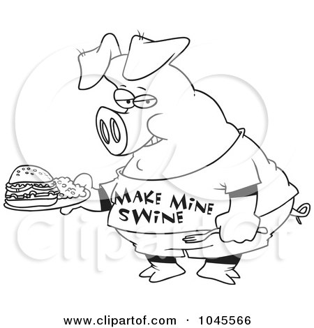 Royalty-Free (RF) Clip Art Illustration of a Cartoon Black And White Outline Design Of A Pig Carrying A Sandwich by toonaday