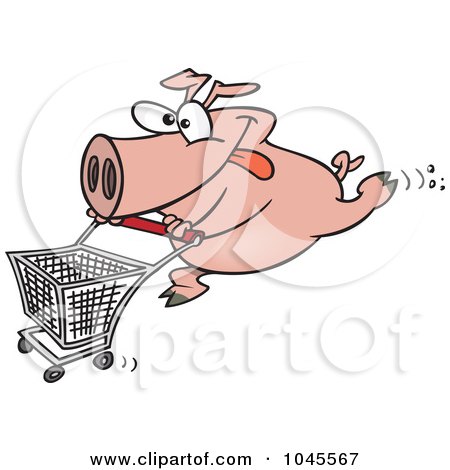 Royalty-Free (RF) Clip Art Illustration of a Cartoon Pig Pushing A Shopping Cart by toonaday