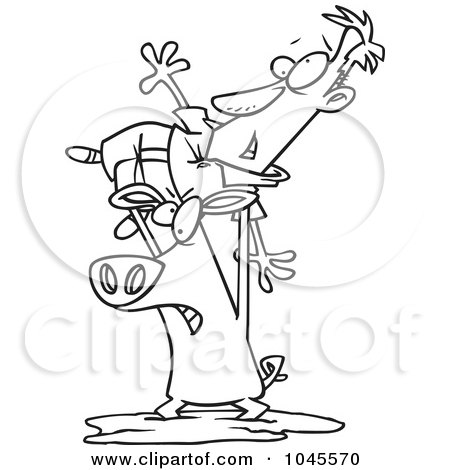Royalty-Free (RF) Clip Art Illustration of a Cartoon Black And White Outline Design Of A Pig Wrestling A Man In The Mud by toonaday