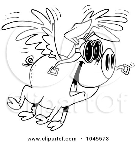 Royalty-Free (RF) Clip Art Illustration of a Cartoon Black And White Outline Design Of A Flying Pig by toonaday