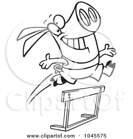Royalty-Free (RF) Clip Art Illustration of a Cartoon Black And White Outline Design Of A Pig Leaping Over A Hurdle by toonaday