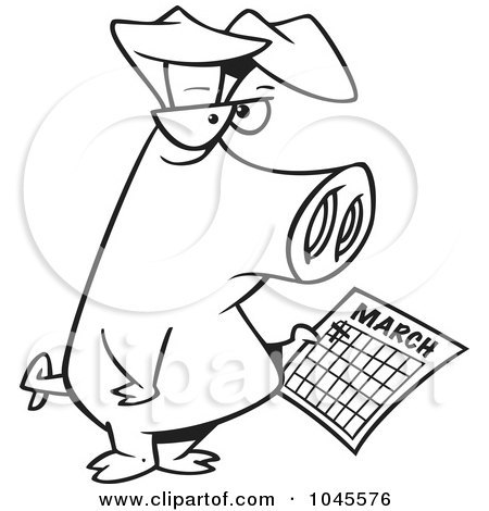 Royalty-Free (RF) Clip Art Illustration of a Cartoon Black And White Outline Design Of A Pig Holding A Calendar by toonaday