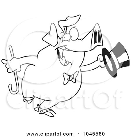 Royalty-Free (RF) Clip Art Illustration of a Cartoon Black And White Outline Design Of A Dancing Pig Performing by toonaday