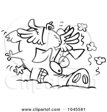 Royalty-Free (RF) Clip Art Illustration of a Cartoon Black And White Outline Design Of A Winged Pig Crashing by toonaday
