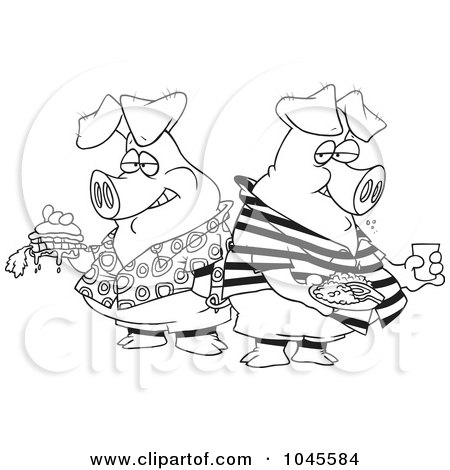 Royalty-Free (RF) Clip Art Illustration of a Cartoon Black And White Outline Design Of Two Hogs Pigging Out by toonaday