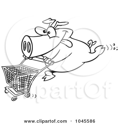 Royalty-Free (RF) Clip Art Illustration of a Cartoon Black And White Outline Design Of A Pig Pushing A Shopping Cart by toonaday