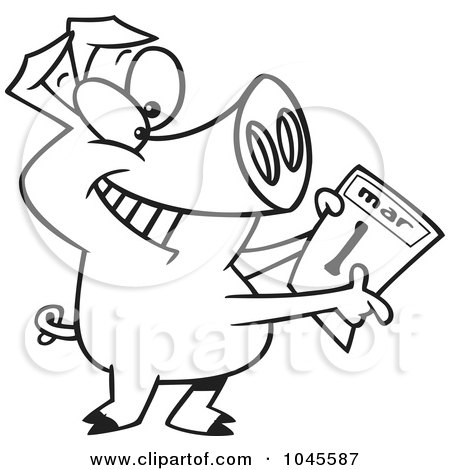 Royalty-Free (RF) Clip Art Illustration of a Cartoon Black And White Outline Design Of A Pig Holding A March 1st Calendar by toonaday