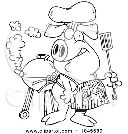 Royalty-Free (RF) Clip Art Illustration of a Cartoon Black And White Outline Design Of A Bbq Pig Wearing A Pig Out Apron by toonaday