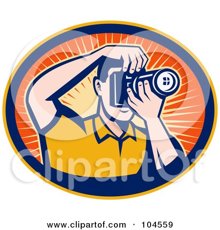 Royalty-Free (RF) Clipart Illustration of a Retro Male Photographer Shooting Photos In An Orange Sunburst Oval by patrimonio