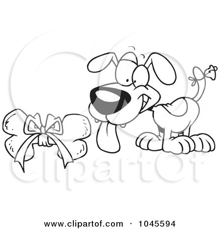Royalty-Free (RF) Clip Art Illustration of a Cartoon Black And White Outline Design Of A Puppy With A Bell On His Tail, Looking At A Bone by toonaday