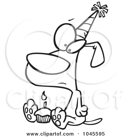 Royalty-Free (RF) Clip Art Illustration of a Cartoon Black And White Outline Design Of A Lonely Birthday Dog With A Cupcake by toonaday