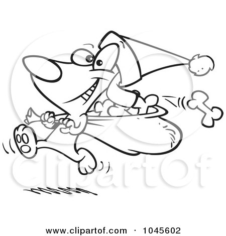 Royalty-Free (RF) Clip Art Illustration of a Cartoon Black And White Outline Design Of A Santa Paws Dog Carrying A Bag Of Bones by toonaday