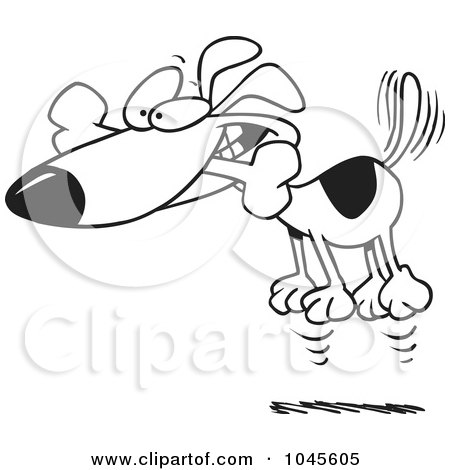 Royalty-Free (RF) Clip Art Illustration of a Cartoon Black And White Outline Design Of A Hyper Dog Jumping With A Bone In His Mouth by toonaday