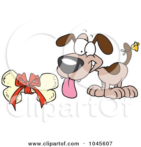 Royalty-Free (RF) Clip Art Illustration of a Cartoon Puppy With A Bell On His Tail, Looking At A Bone by toonaday