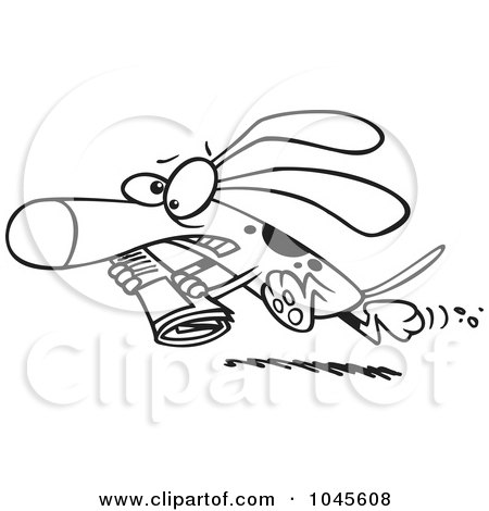 Royalty-Free (RF) Clip Art Illustration of a Cartoon Black And White Outline Design Of A Pressured Dog Carrying A Newspaper by toonaday
