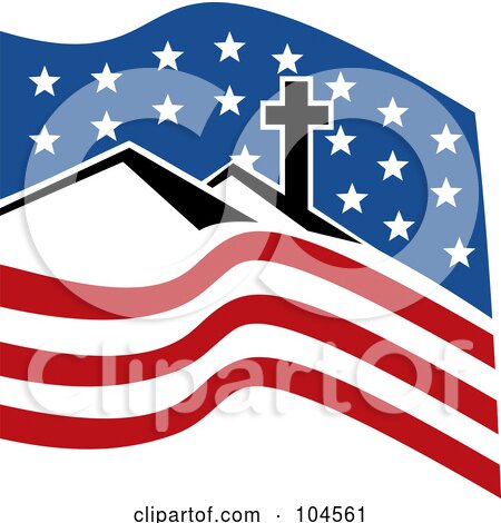 Royalty-Free (RF) Clipart Illustration of a Cross On A Hill Over An American Flag by patrimonio