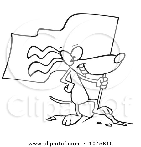 Royalty-Free (RF) Clip Art Illustration of a Cartoon Black And White Outline Design Of A Patriotic Dog Standing On A Mound With A Flag by toonaday