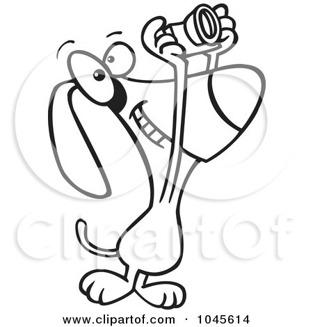Royalty-Free (RF) Clip Art Illustration of a Cartoon Black And White Outline Design Of A Photographer Dog by toonaday