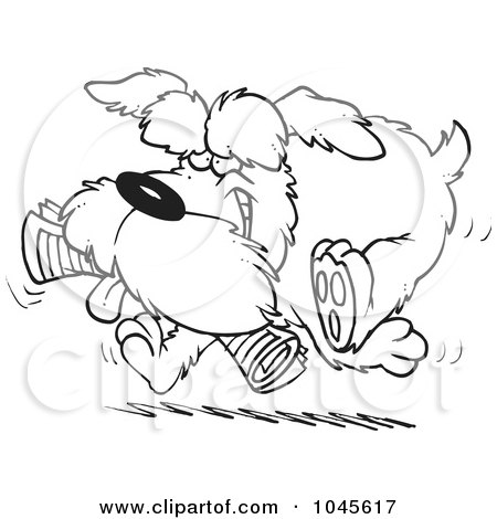 Royalty-Free (RF) Clip Art Illustration of a Cartoon Black And White Outline Design Of A Schnauzer Dog Fetching A Newspaper by toonaday