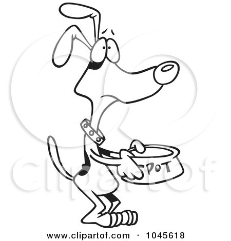 Royalty-Free (RF) Clip Art Illustration of a Cartoon Black And White Outline Design Of A Hungry Dog Pleading For Food by toonaday