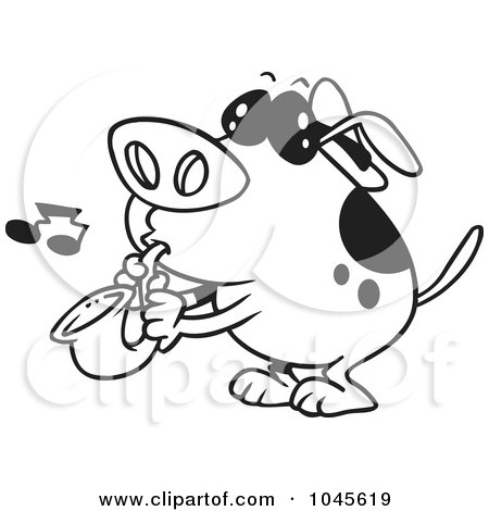 Royalty-Free (RF) Clip Art Illustration of a Cartoon Black And White Outline Design Of A Dog Playing A Saxophone by toonaday