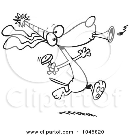 Royalty-Free (RF) Clip Art Illustration of a Cartoon Black And White Outline Design Of A Party Dog With Noise Makers by toonaday