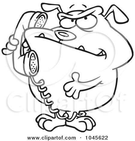 Royalty-Free (RF) Clip Art Illustration of a Cartoon Black And White Outline Design Of A Bulldog Talking On A Phone by toonaday