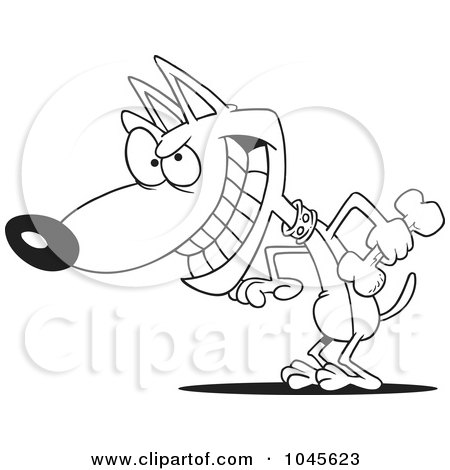 Royalty-Free (RF) Clip Art Illustration of a Cartoon Black And White Outline Design Of A Psychotic Dog Holding A Bone by toonaday