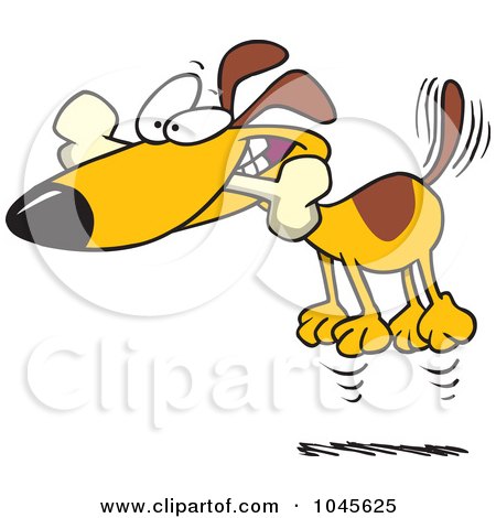 Royalty-Free (RF) Clip Art Illustration of a Cartoon Hyper Dog Jumping With A Bone In His Mouth by toonaday