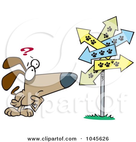 Royalty-Free (RF) Clip Art Illustration of a Cartoon Lost Dog Staring At Paw Print Signs by toonaday
