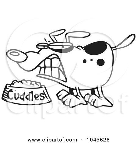 Royalty-Free (RF) Clip Art Illustration of a Cartoon Black And White Outline Design Of A Dog Growing Over His Food Bowl by toonaday