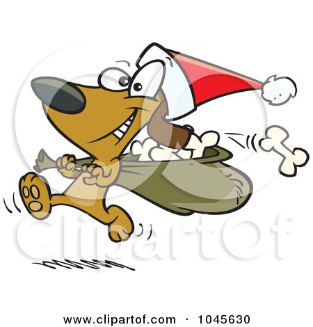 Royalty-Free (RF) Clip Art Illustration of a Cartoon Santa Paws Dog Carrying A Bag Of Bones by toonaday
