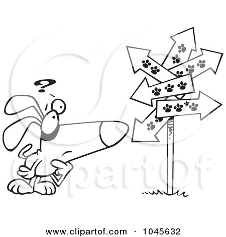 Royalty-Free (RF) Clip Art Illustration of a Cartoon Black And White Outline Design Of A Lost Dog Staring At Paw Print Signs by toonaday