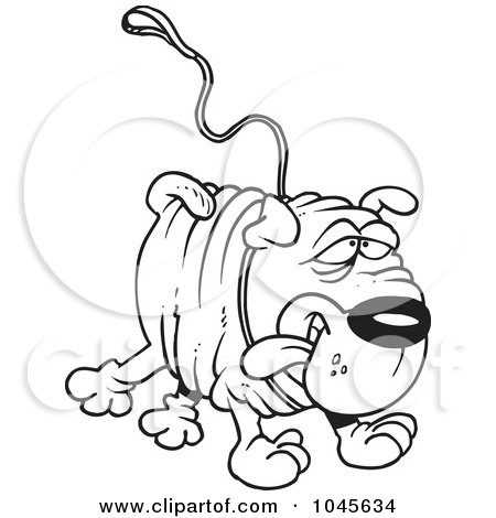 Royalty-Free (RF) Clip Art Illustration of a Cartoon Black And White Outline Design Of A Sharpei Dog Running With A Leash Attached by toonaday