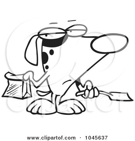 Royalty-Free (RF) Clip Art Illustration of a Cartoon Black And White Outline Design Of A Self Cleaning Dog Scooping His Poop by toonaday