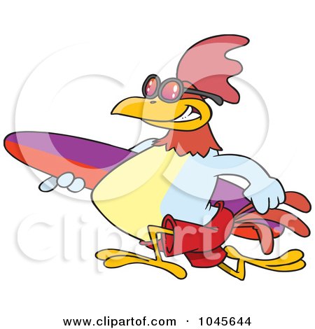 Royalty-Free (RF) Clip Art Illustration of a Cartoon Surfer Rooster Carrying A Board by toonaday