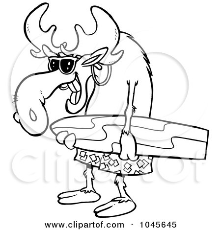 Royalty-Free (RF) Clip Art Illustration of a Cartoon Black And White Outline Design Of A Surfer Moose Carrying A Board by toonaday