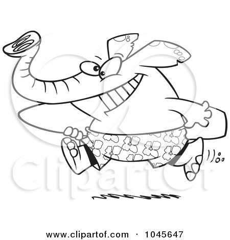 Royalty-Free (RF) Clip Art Illustration of a Cartoon Black And White Outline Design Of A Surfer Elephant Carrying A Board by toonaday