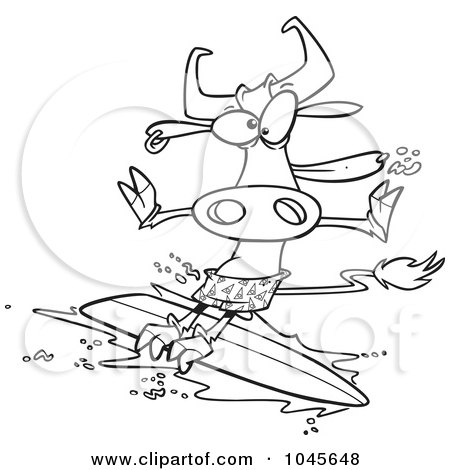 Royalty-Free (RF) Clip Art Illustration of a Cartoon Black And White Outline Design Of A Surfer Cow by toonaday
