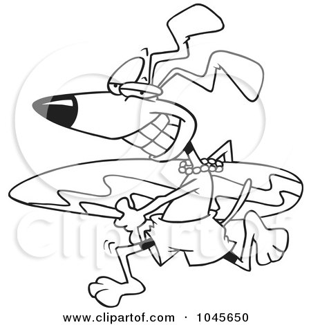 Royalty-Free (RF) Clip Art Illustration of a Cartoon Black And White Outline Design Of A Surfer Dog Running With A Board by toonaday