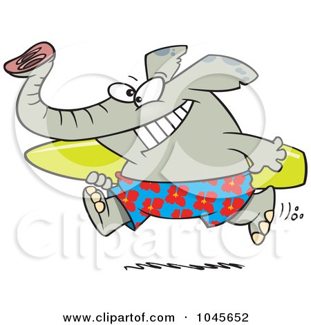 Royalty-Free (RF) Clip Art Illustration of a Cartoon Surfer Elephant Carrying A Board by toonaday