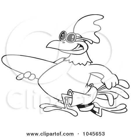 Royalty-Free (RF) Clip Art Illustration of a Cartoon Black And White Outline Design Of A Surfer Rooster Carrying A Board by toonaday