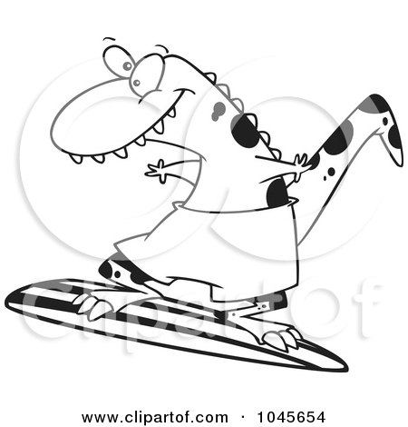 Royalty-Free (RF) Clip Art Illustration of a Cartoon Black And White Outline Design Of A Surfer Dinosaur by toonaday