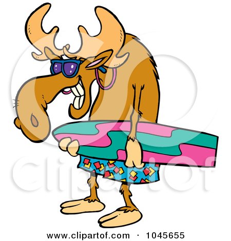 Royalty-Free (RF) Clip Art Illustration of a Cartoon Surfer Moose Carrying A Board by toonaday